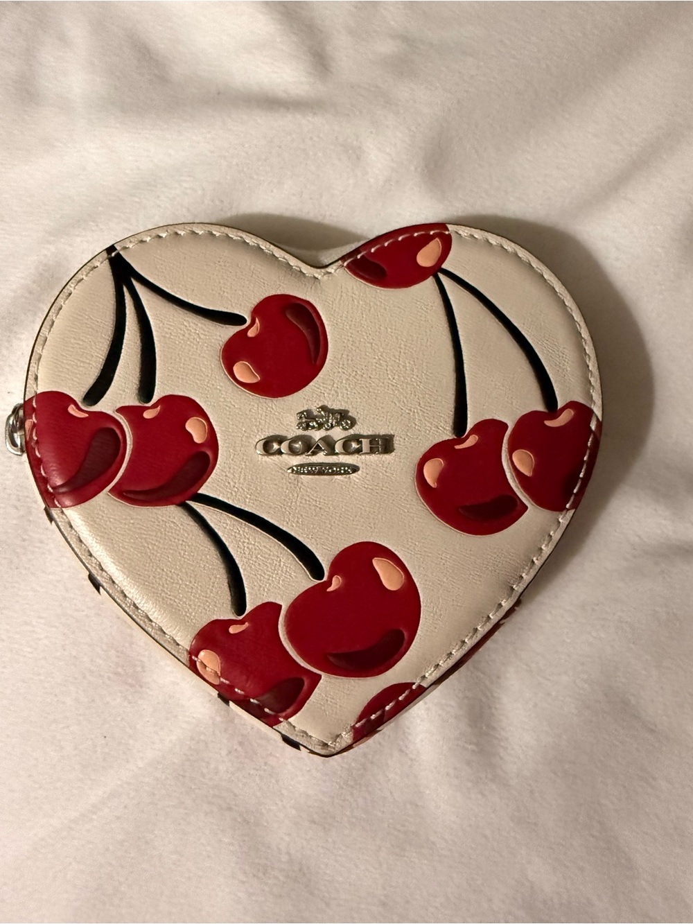 Coach Heart Coin Case with Red Cherry Print on Cream